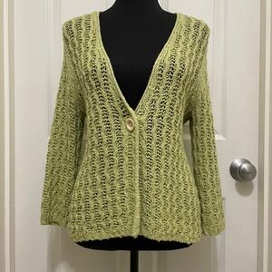 J.Jill Open Knit Cardigan Sweater Cotton Linen Blend Green 3/4 Sleeve Cottage S‎